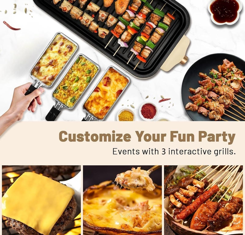 2-in-1 Electric Indoor Grill, 1500W Smokeless Korean BBQ Griddle with Non-Stick Removable Cooking Plate, 3 Raclette Cheese Pans, Adjustable Temperature Control, Dishwasher Safe - Image 2