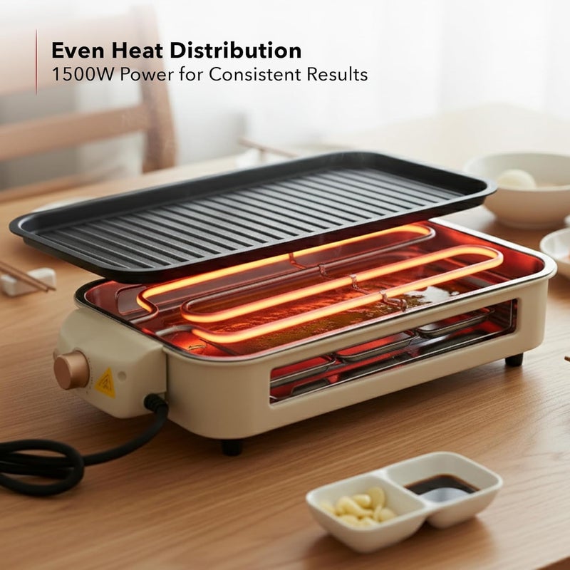 2-in-1 Electric Indoor Grill, 1500W Smokeless Korean BBQ Griddle with Non-Stick Removable Cooking Plate, 3 Raclette Cheese Pans, Adjustable Temperature Control, Dishwasher Safe - Image 4