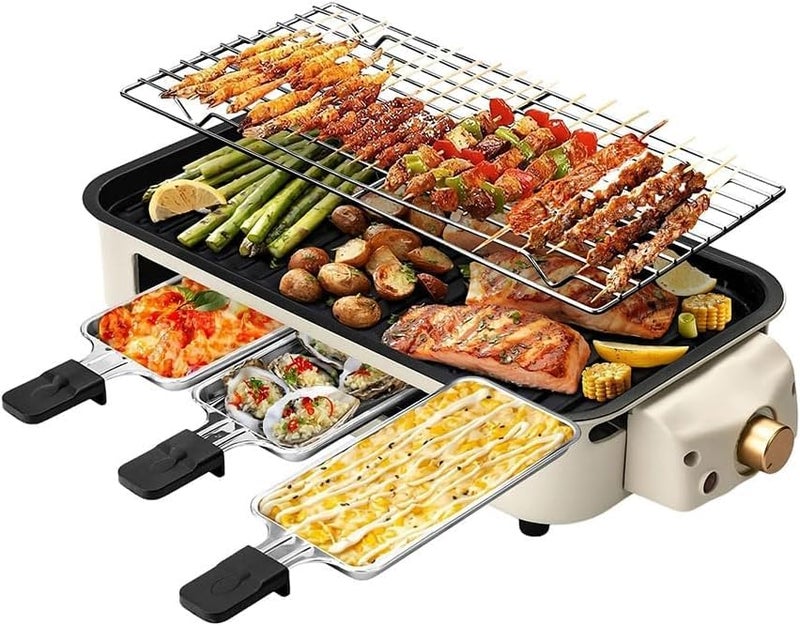 2-in-1 Electric Indoor Grill, 1500W Smokeless Korean BBQ Griddle with Non-Stick Removable Cooking Plate, 3 Raclette Cheese Pans, Adjustable Temperature Control, Dishwasher Safe - Image 1