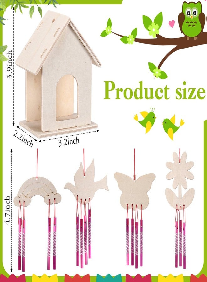 Feifeiya 24 Sets DIY Birdhouse Wind Chime Kit Build and Paint Birdhouses Wooden Arts 24 Unfinished Wooden Bird House 24 Wind Chime 38 Butterfly Sticker 24 Watercolor Arts for Activity(Elegant) - Image 3