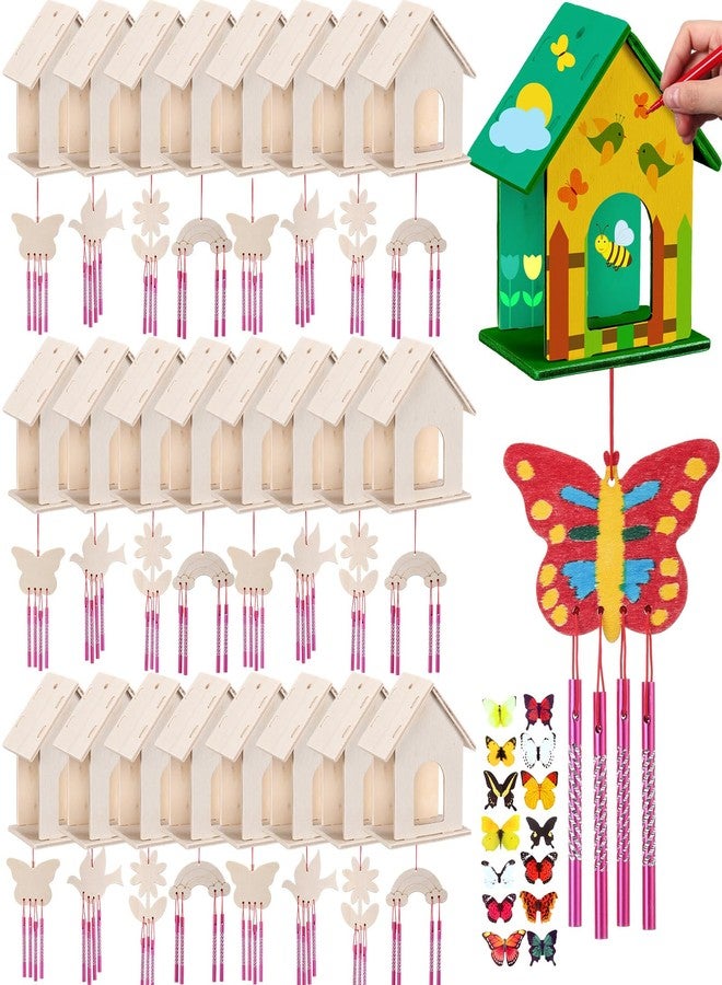 Feifeiya 24 Sets DIY Birdhouse Wind Chime Kit Build and Paint Birdhouses Wooden Arts 24 Unfinished Wooden Bird House 24 Wind Chime 38 Butterfly Sticker 24 Watercolor Arts for Activity(Elegant) - Image 1