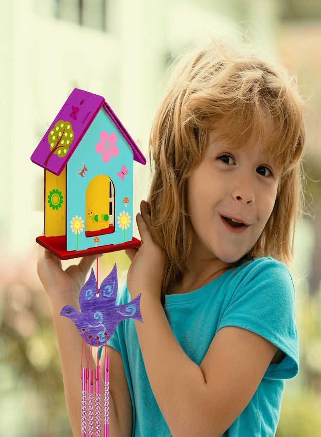 Feifeiya 24 Sets DIY Birdhouse Wind Chime Kit Build and Paint Birdhouses Wooden Arts 24 Unfinished Wooden Bird House 24 Wind Chime 38 Butterfly Sticker 24 Watercolor Arts for Activity(Elegant) - Image 5