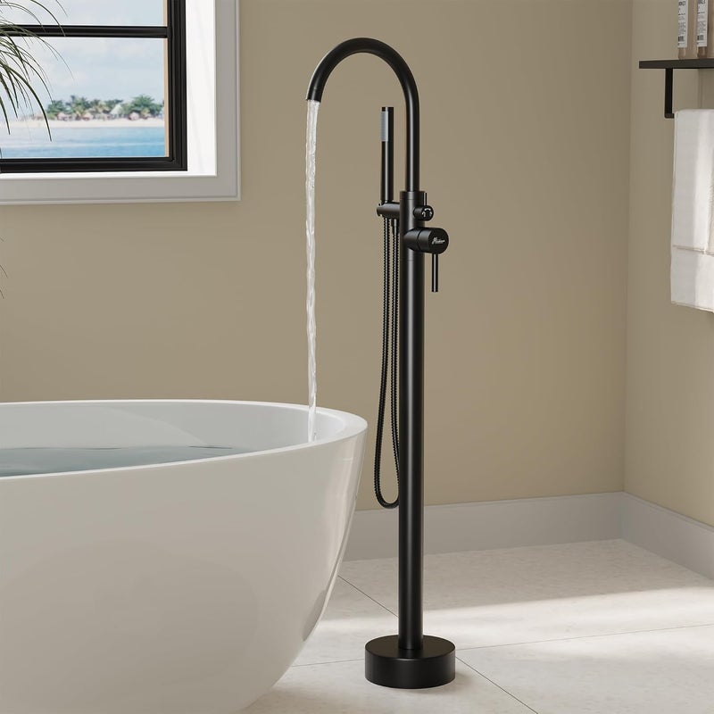 Hawkrown Freestanding Bathtub Faucet, Floor Mount Bathtub Faucet with 2 Water Outlet Modes, Swivel Gooseneck Spout with Hand Shower, Brass Single Handle Tub filler, Max Flow Rate 7.4 GPM, Matte Black - Image 1