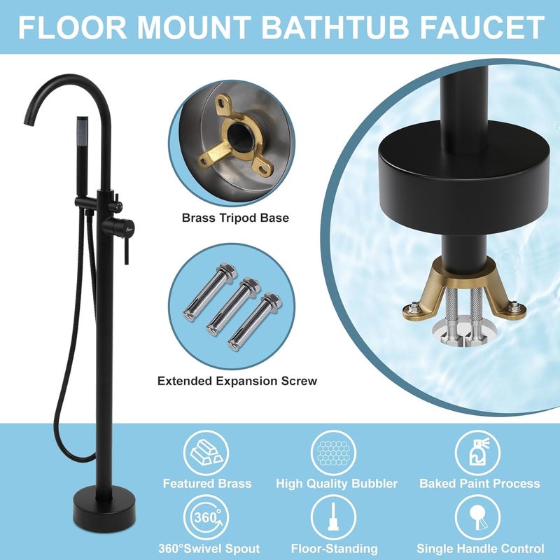 Hawkrown Freestanding Bathtub Faucet, Floor Mount Bathtub Faucet with 2 Water Outlet Modes, Swivel Gooseneck Spout with Hand Shower, Brass Single Handle Tub filler, Max Flow Rate 7.4 GPM, Matte Black - Image 2