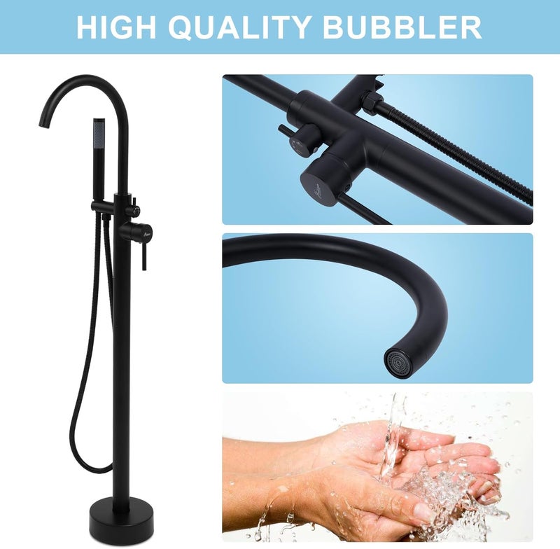 Hawkrown Freestanding Bathtub Faucet, Floor Mount Bathtub Faucet with 2 Water Outlet Modes, Swivel Gooseneck Spout with Hand Shower, Brass Single Handle Tub filler, Max Flow Rate 7.4 GPM, Matte Black - Image 4