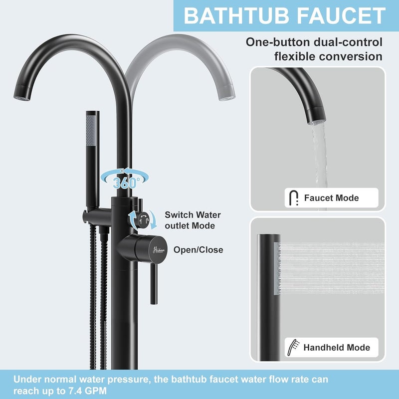 Hawkrown Freestanding Bathtub Faucet, Floor Mount Bathtub Faucet with 2 Water Outlet Modes, Swivel Gooseneck Spout with Hand Shower, Brass Single Handle Tub filler, Max Flow Rate 7.4 GPM, Matte Black - Image 3