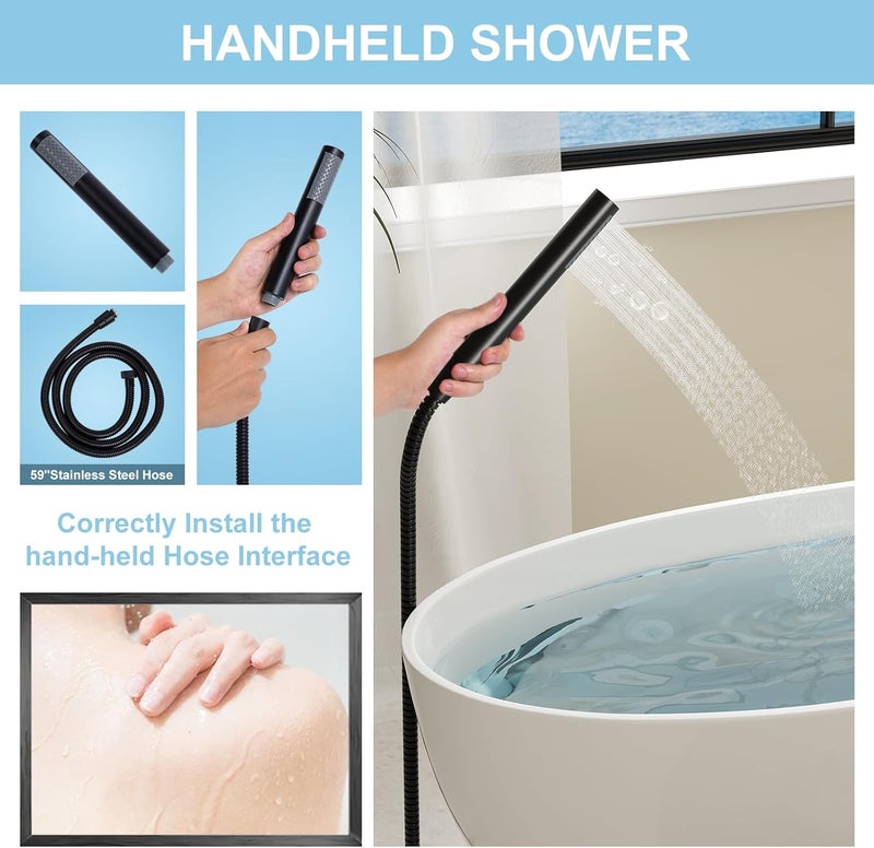 Hawkrown Freestanding Bathtub Faucet, Floor Mount Bathtub Faucet with 2 Water Outlet Modes, Swivel Gooseneck Spout with Hand Shower, Brass Single Handle Tub filler, Max Flow Rate 7.4 GPM, Matte Black - Image 5
