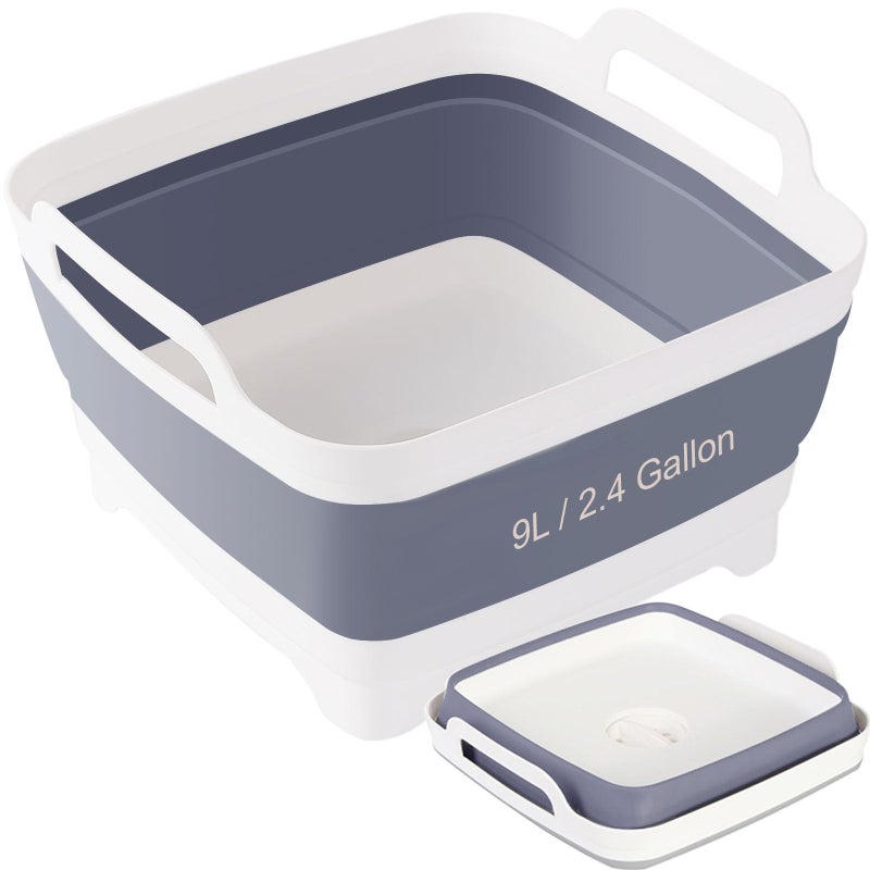 Detsuk Collapsible Dish Basin & Sink Tub with Drain Plug â€“ 2.4 Gal Baby Bottle Wash Basin, Bottle Washing Bin for RV, Camping, Kitchen | Collapsible Water & Bottle Basin (Grey) - Image 1