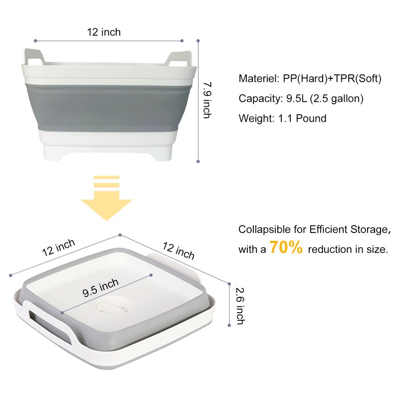 Detsuk Collapsible Dish Basin & Sink Tub with Drain Plug â€“ 2.4 Gal Baby Bottle Wash Basin, Bottle Washing Bin for RV, Camping, Kitchen | Collapsible Water & Bottle Basin (Grey) - Image 3