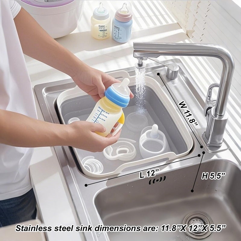 Detsuk Collapsible Dish Basin & Sink Tub with Drain Plug â€“ 2.4 Gal Baby Bottle Wash Basin, Bottle Washing Bin for RV, Camping, Kitchen | Collapsible Water & Bottle Basin (Grey) - Image 2