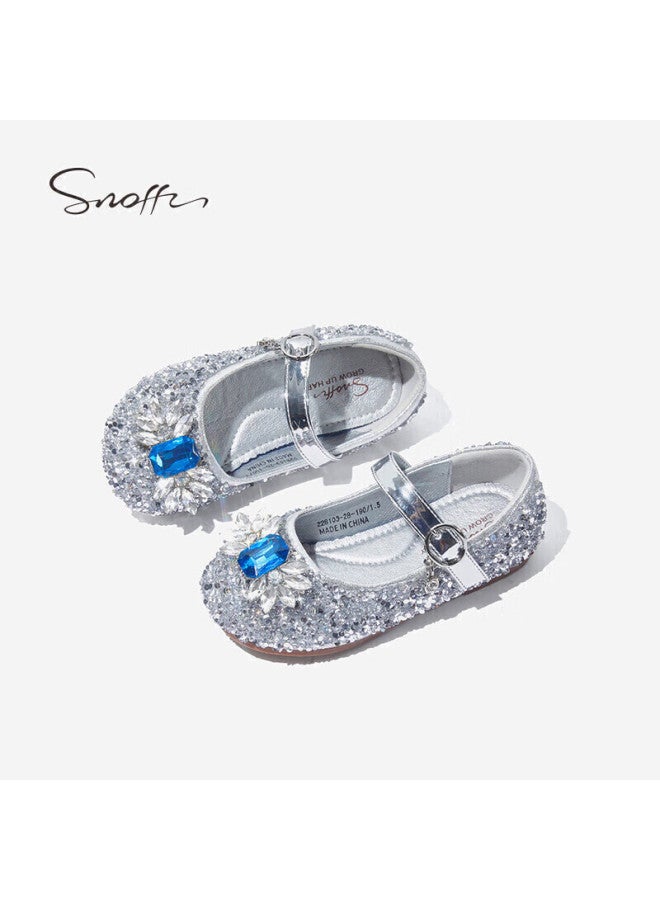 Snoffy Sinafei أحذية جلدية للفتيات، أحذية الأميرة إلسا للربيع والخريف، أحذية كريستالية للأطفال، أحذية للأداء للأطفال الأكبر سنًا، أحذية بنعل ناعم، فضي قمري، المقاس 29 - Image 5