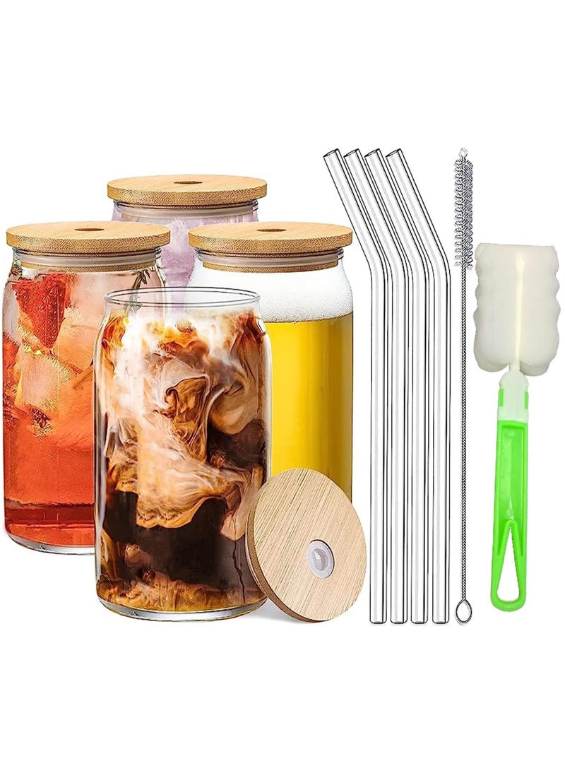 4Pcs Glass Cups with Bamboo Lids and Straw Boba Drinking Glasses Reusable Travel Tumbler Bottle for Smoothie Iced Coffee Bubble Tea 400ML - Image 1