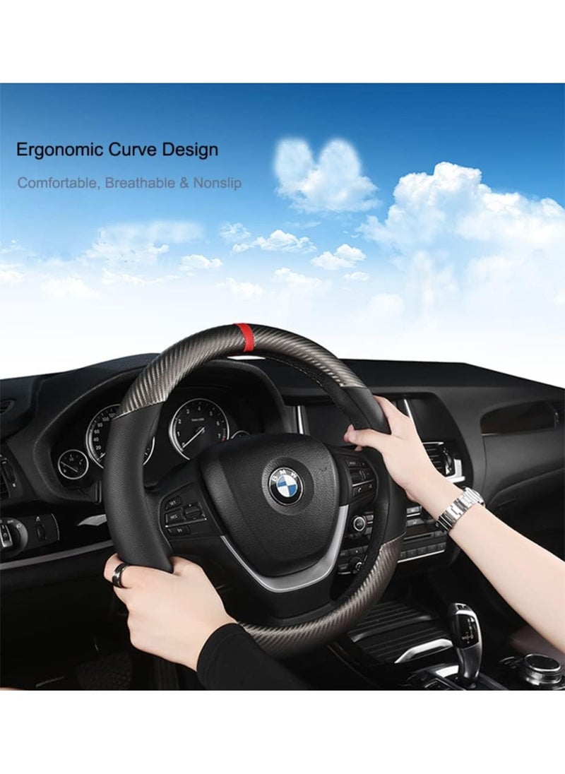 VKL Carbon Fiber & Microfiber PU Leather Steering Wheel Cover Anti-Slip Car Steering Wheel Protector Breathable Sweat Absorbent Sport for Diameter 38cm 15 Inch (Grey)  - Image 3