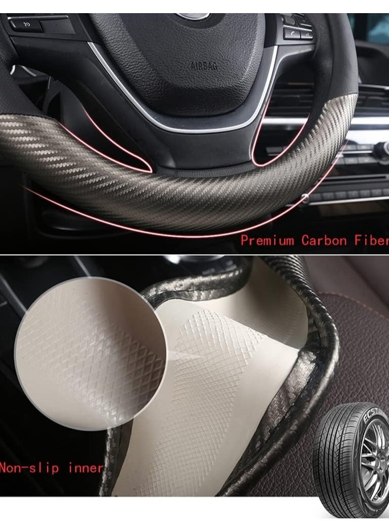 VKL Carbon Fiber & Microfiber PU Leather Steering Wheel Cover Anti-Slip Car Steering Wheel Protector Breathable Sweat Absorbent Sport for Diameter 38cm 15 Inch (Grey)  - Image 4