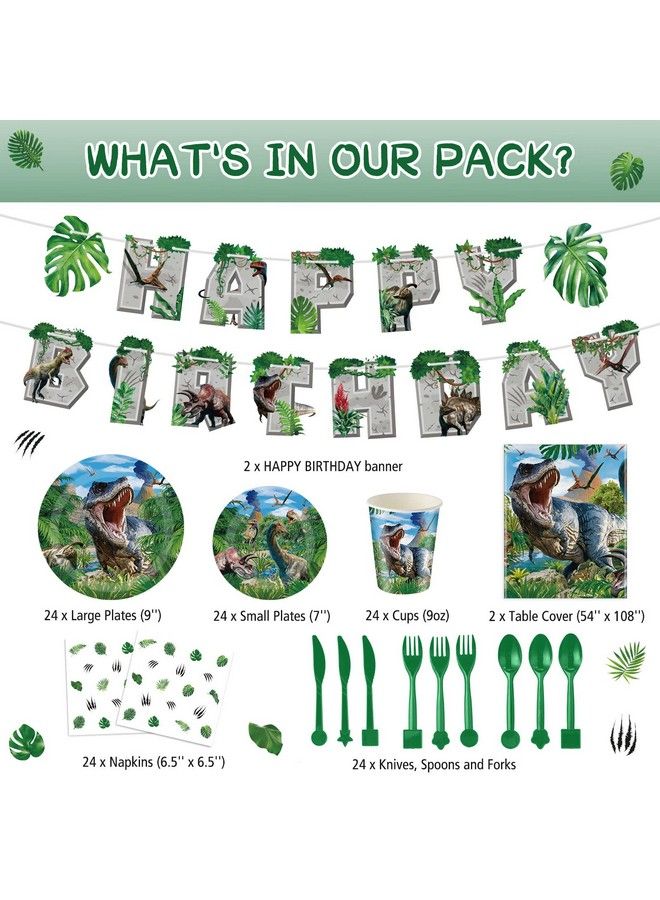 Tatuo 172 قطعة لوازم حفلة عيد ميلاد الديناصورات مجموعة زينة حفلة بموضوع الديناصورات لخدمة 24 ضيف تشمل غطاء طاولة وأدوات مائدة وصحن ومناديل وكوب ولافتة عيد ميلاد سعيد لتزيين حفلة الأطفال - Image 3