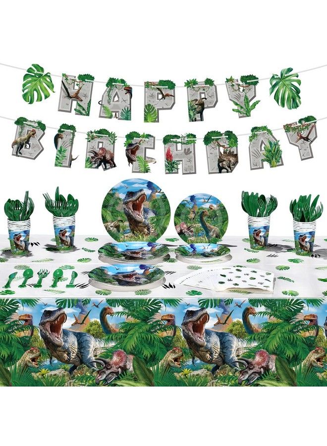 Tatuo 172 قطعة لوازم حفلة عيد ميلاد الديناصورات مجموعة زينة حفلة بموضوع الديناصورات لخدمة 24 ضيف تشمل غطاء طاولة وأدوات مائدة وصحن ومناديل وكوب ولافتة عيد ميلاد سعيد لتزيين حفلة الأطفال - Image 2