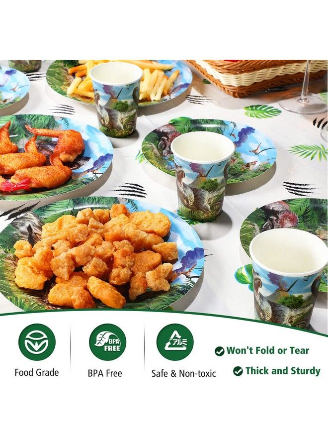 Tatuo 172 قطعة لوازم حفلة عيد ميلاد الديناصورات مجموعة زينة حفلة بموضوع الديناصورات لخدمة 24 ضيف تشمل غطاء طاولة وأدوات مائدة وصحن ومناديل وكوب ولافتة عيد ميلاد سعيد لتزيين حفلة الأطفال - Image 5