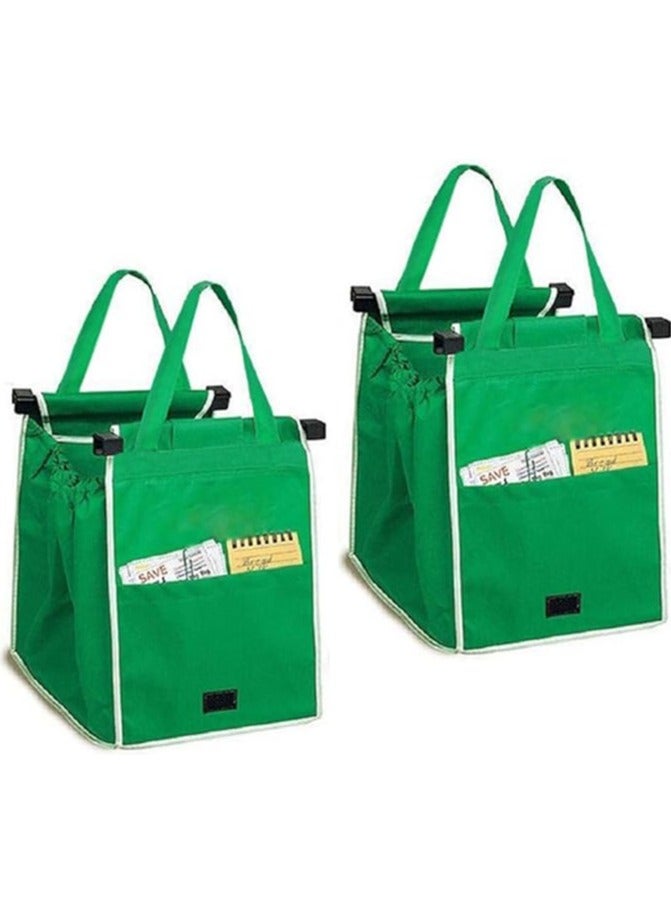 Reusable Shopping Bags, 2-Piece Foldable Grocery Tote Bags with Handles, Easy to Clean, Clip on Cart (Green) - Image 1