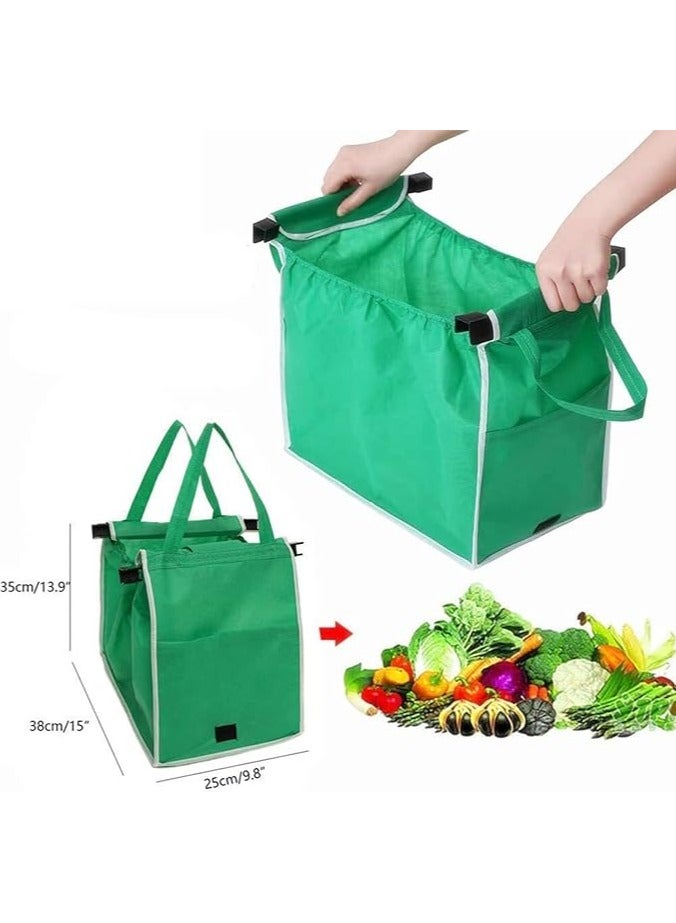 Reusable Shopping Bags, 2-Piece Foldable Grocery Tote Bags with Handles, Easy to Clean, Clip on Cart (Green) - Image 4