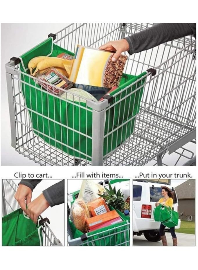 Reusable Shopping Bags, 2-Piece Foldable Grocery Tote Bags with Handles, Easy to Clean, Clip on Cart (Green) - Image 3