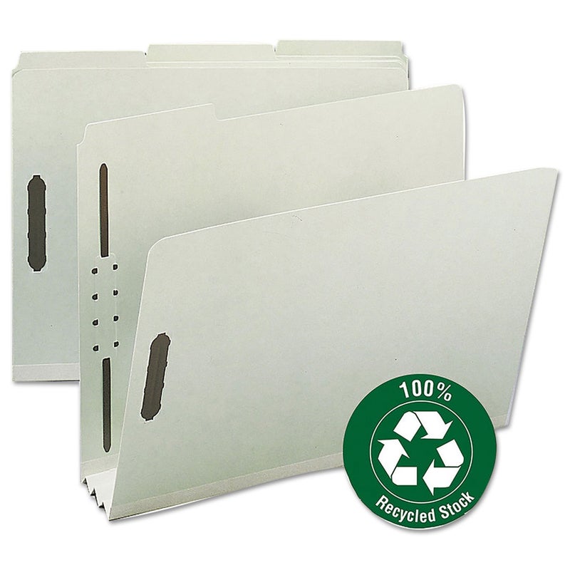 Smead 100% Recycled Pressboard Fastener File Folder, 2 Fasteners, 1/3-Cut Tab, 3" Expansion, Letter Size, Gray/Green, 25 per Box (15005)