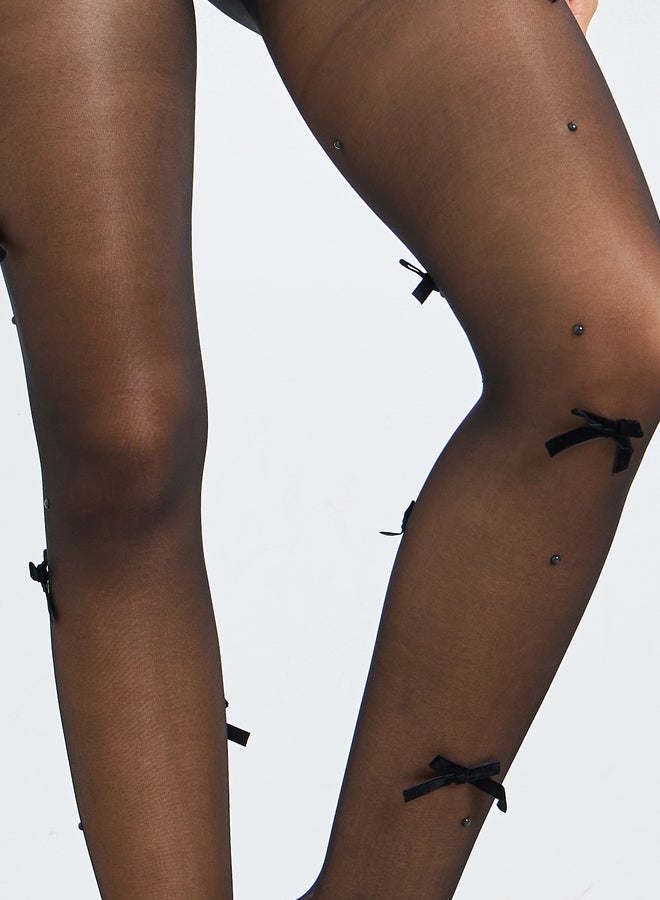 Styli Black Embellished Stocking with Bow Detail - Image 3