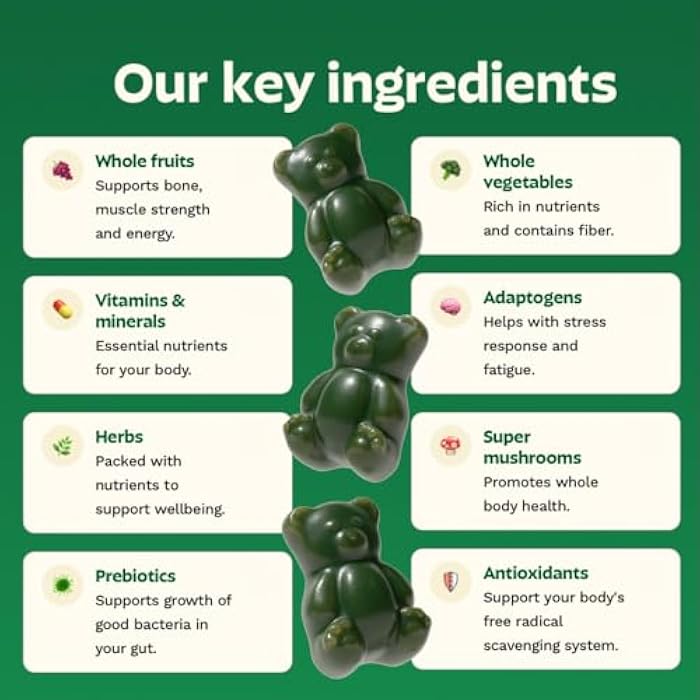 Grüns Gruns Adult Super Greens Multivitamin Gummies, Superfood Gummy Vitamins for Women and Men with Spirulina, Chlorella, Adaptogens & Prebiotic Fiber for Digestive Health (28 Count) - Image 2