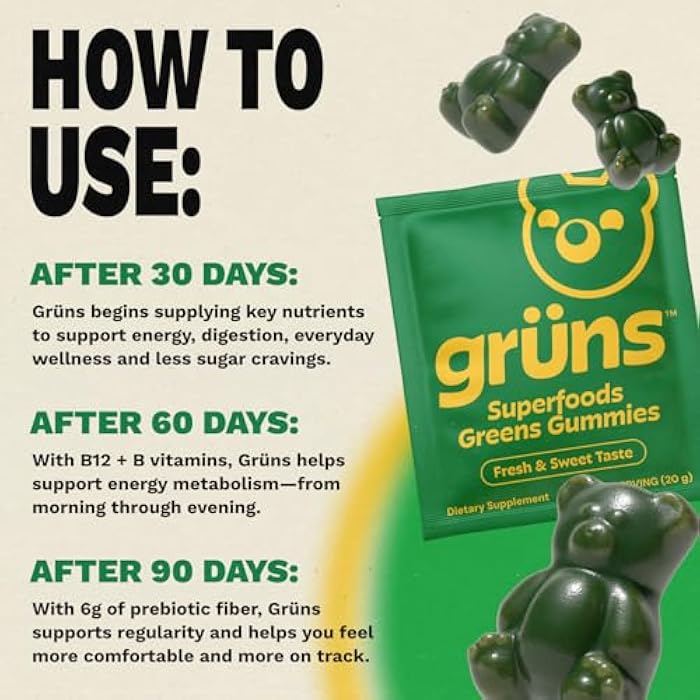 Grüns Gruns Adult Super Greens Multivitamin Gummies, Superfood Gummy Vitamins for Women and Men with Spirulina, Chlorella, Adaptogens & Prebiotic Fiber for Digestive Health (28 Count) - Image 4