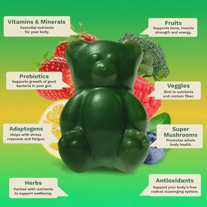 Grüns Gruns Adult Super Greens Multivitamin Gummies, Superfood Gummy Vitamins for Women and Men with Spirulina, Chlorella, Adaptogens & Prebiotic Fiber for Digestive Health (28 Count) - Image 5