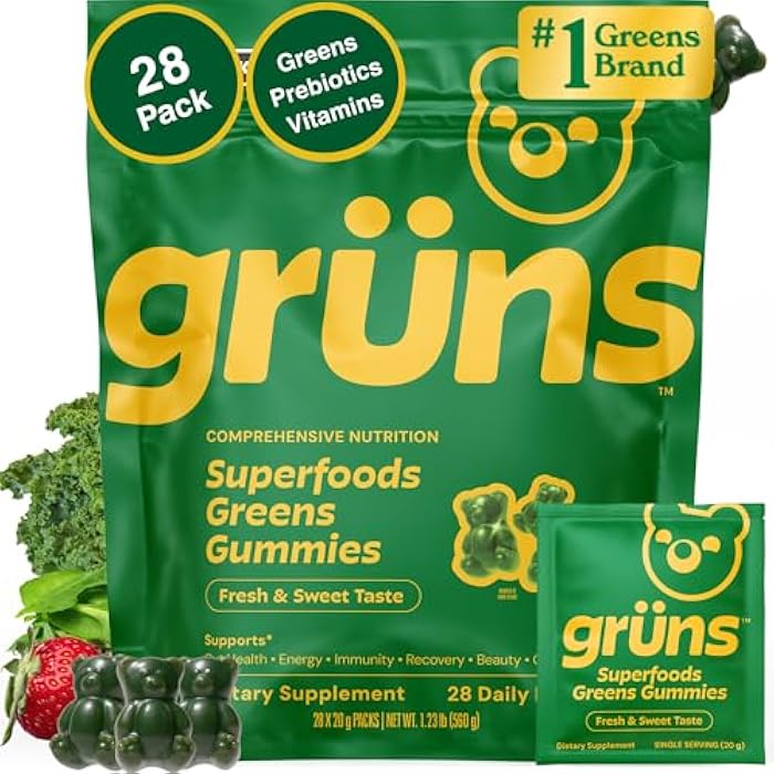 Grüns Gruns Adult Super Greens Multivitamin Gummies, Superfood Gummy Vitamins for Women and Men with Spirulina, Chlorella, Adaptogens & Prebiotic Fiber for Digestive Health (28 Count) - Image 1
