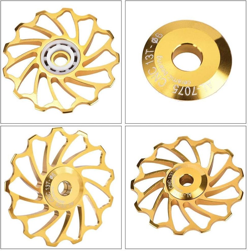 cheekyglo 1 Bike Derailleur Pulley, 2Pcs 11T/13T Bike Guide Roller Ceramic Bearing Rear Pulley Wheel with Hole Adapter 11T Golden - Image 4
