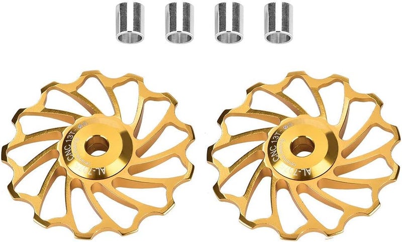 cheekyglo 1 Bike Derailleur Pulley, 2Pcs 11T/13T Bike Guide Roller Ceramic Bearing Rear Pulley Wheel with Hole Adapter 11T Golden - Image 1