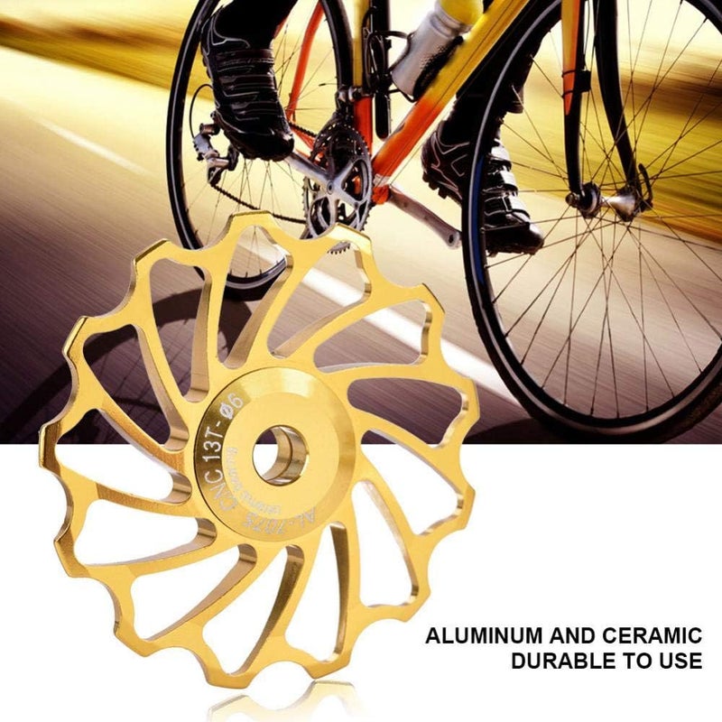 cheekyglo 1 Bike Derailleur Pulley, 2Pcs 11T/13T Bike Guide Roller Ceramic Bearing Rear Pulley Wheel with Hole Adapter 11T Golden - Image 5