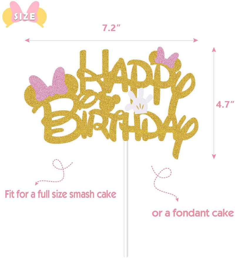 BOGZON Pink And Gold Glitter Minnie Inspired Happy Birthday Cake Topper with Pink Bows and White Gloves Girls Birthday Party Decorations Supplies - Image 2