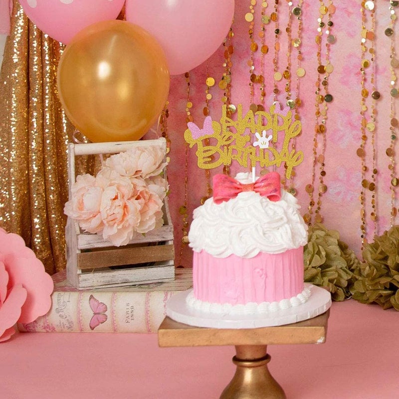 BOGZON Pink And Gold Glitter Minnie Inspired Happy Birthday Cake Topper with Pink Bows and White Gloves Girls Birthday Party Decorations Supplies - Image 5