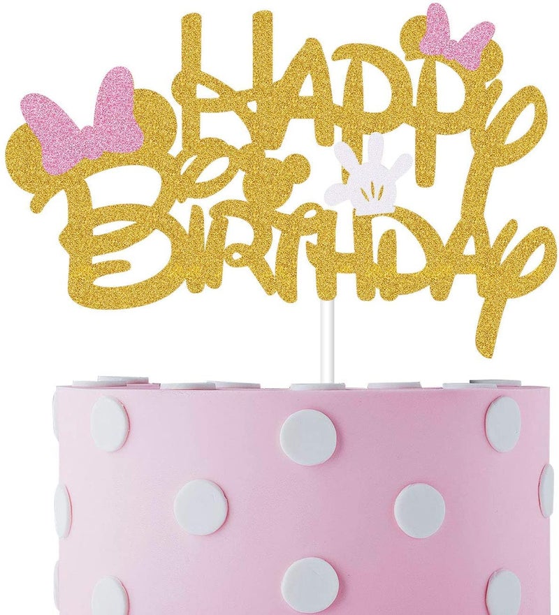 BOGZON Pink And Gold Glitter Minnie Inspired Happy Birthday Cake Topper with Pink Bows and White Gloves Girls Birthday Party Decorations Supplies - Image 1