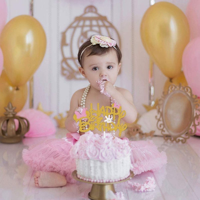 BOGZON Pink And Gold Glitter Minnie Inspired Happy Birthday Cake Topper with Pink Bows and White Gloves Girls Birthday Party Decorations Supplies - Image 4