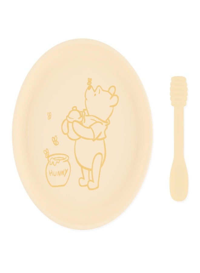 Bumkins Disney Baby and Toddler Plate and Spoon Set, Silicone Dish for Babies and Kids, Baby Led Weaning, Children Feeding Supplies, Microwave Safe, Platinum Silicone, Ages 6 Months, Winnie the Pooh - Image 1