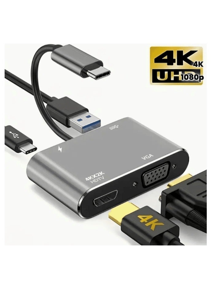 4-in-1 USB C Adapter for Dual Monitor - HDMI 4K + VGA 1080P + USB 3.0 + PD 100W, Type C Docking Station for MacBook Pro/Air, for iPad Pro, for Dell XPS, for Surface, for Galaxy, for Lenovo, for HP, for Chromebook, Laptop USB-C Multiport Hub for Office, Home, Travel - Image 1