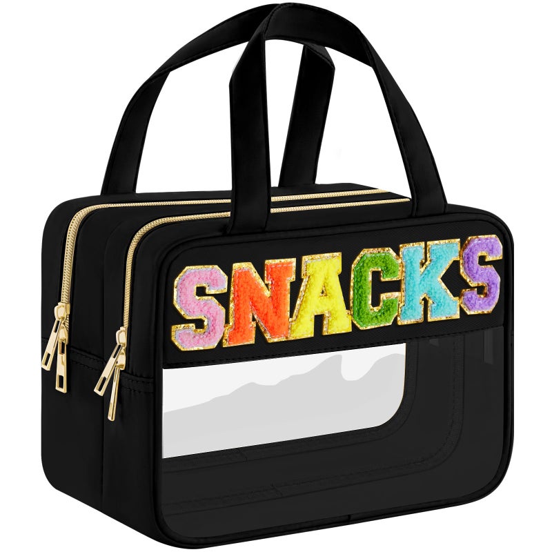 Simboom Chenille Letter Clear Makeup Bag, Preppy Cosmetic Bag Clear Snack Bags with Zipper, Stuff Bag Waterproof Sunscreen Bag Travel Toiletry Bag Cosmetic Pouch for Women and Girls (Snacks, Plus Size) - Image 1