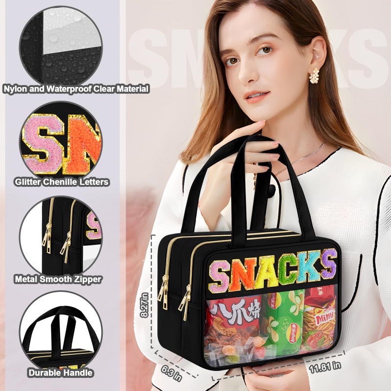 Simboom Chenille Letter Clear Makeup Bag, Preppy Cosmetic Bag Clear Snack Bags with Zipper, Stuff Bag Waterproof Sunscreen Bag Travel Toiletry Bag Cosmetic Pouch for Women and Girls (Snacks, Plus Size) - Image 5