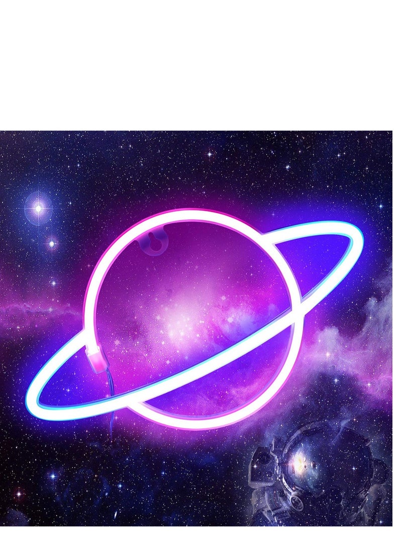 KASTWAVE Planet Neon Sign Led Light- Neon Lights for Wall Decor Aesthetic | USB Operated Neon Signs for Bedroom Kids Room Dorm Wedding Party Birthday New Year Decoration (Blue-Pink)  - Image 1