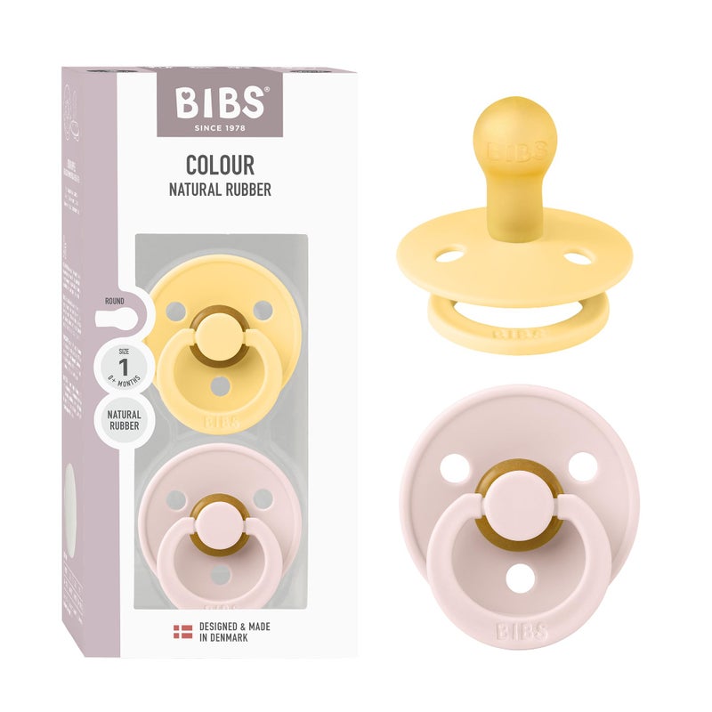 BIBS لهاية بيبس الملونة 2-pack، مصاصة خالية من BPA، مطاط طبيعي دائري، مصنوعة في الدنمارك، الحجم 2 (6-18 شهر)، لون زبدة باهتة/بتلة - Image 1