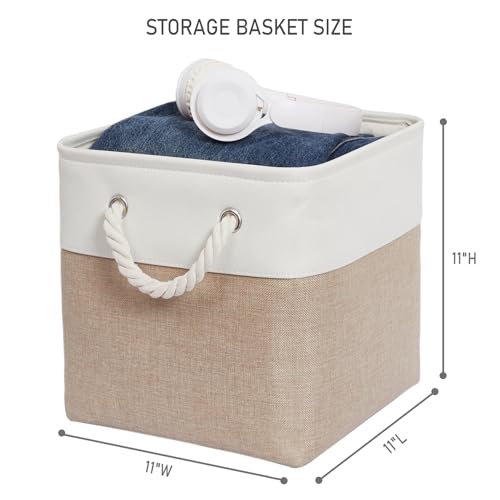 ISEMINGLA 11 x 11 Inch Storage Cubes, 6 Pack Large Collapsible Fabric Storage Bin with Ropes, Foldable Storage Cubes for Home, Office,Closet, Clothes, Toys Organizer (White&Beige) - Image 3