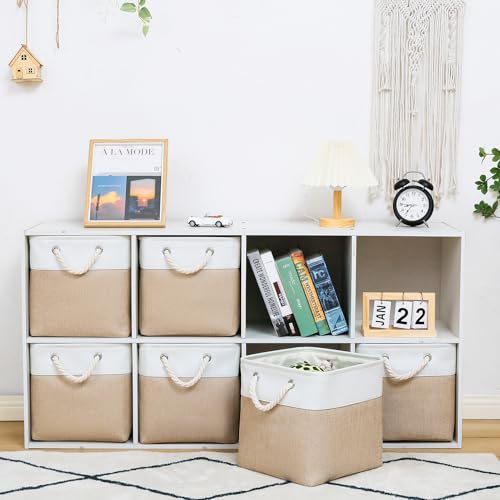 ISEMINGLA 11 x 11 Inch Storage Cubes, 6 Pack Large Collapsible Fabric Storage Bin with Ropes, Foldable Storage Cubes for Home, Office,Closet, Clothes, Toys Organizer (White&Beige) - Image 2