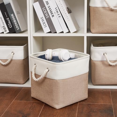 ISEMINGLA 11 x 11 Inch Storage Cubes, 6 Pack Large Collapsible Fabric Storage Bin with Ropes, Foldable Storage Cubes for Home, Office,Closet, Clothes, Toys Organizer (White&Beige) - Image 4