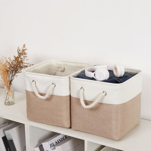 ISEMINGLA 11 x 11 Inch Storage Cubes, 6 Pack Large Collapsible Fabric Storage Bin with Ropes, Foldable Storage Cubes for Home, Office,Closet, Clothes, Toys Organizer (White&Beige) - Image 5