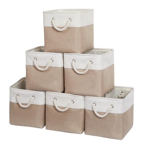 ISEMINGLA 11 x 11 Inch Storage Cubes, 6 Pack Large Collapsible Fabric Storage Bin with Ropes, Foldable Storage Cubes for Home, Office,Closet, Clothes, Toys Organizer (White&Beige) - Image 1