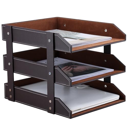 KINGFOM Letter Tray Leather Paper Organizer Tray Wooden Desk File Holder Desktop File Stackable Magazine Holder Mail Sorter Great for Home or Office 3 Level Brown - Image 1