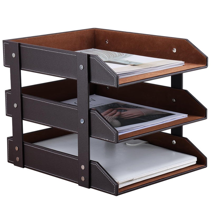 KINGFOM Letter Tray Leather Paper Organizer Tray Wooden Desk File Holder Desktop File Stackable Magazine Holder Mail Sorter Great for Home or Office 3 Level Brown - Image 2